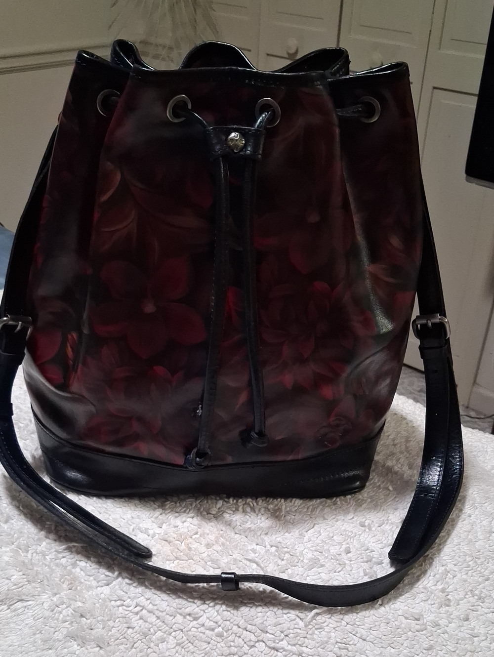 Patricia Nash Drawstring Bag with Deep Red Floral